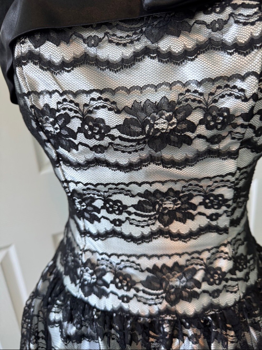 Jessica McClintock Black and White Lace Strapless Prom Dress - Picture 4 of 8